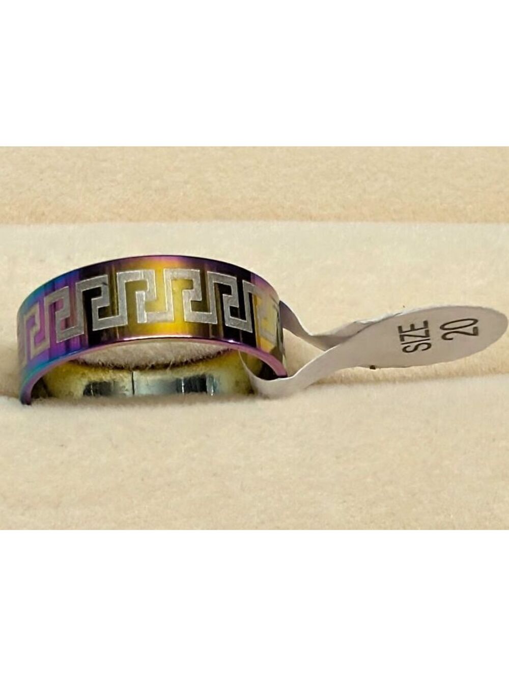 New Stainless Steel Ring Plus Size 10 Greek Key Pattern Rainbow Band Boho Retro